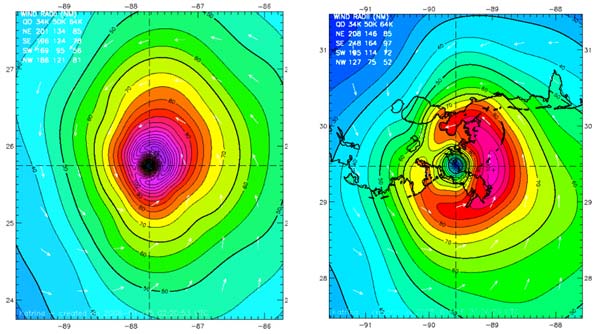 Contour plots showing Hurricane Katrina's wind field.