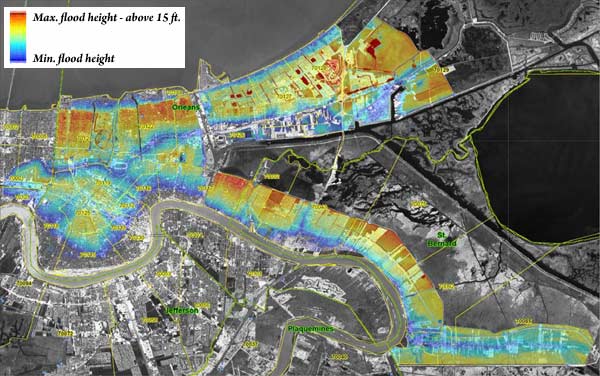Map of New Orleans showing flooding depths.