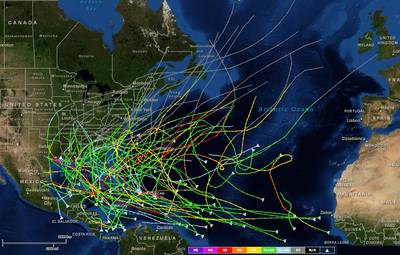 Image with colored tracks lines in the North Atlantic.