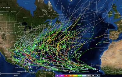 Image with colored tracks lines in the North Atlantic.