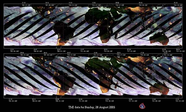 Image of the TRMM microwave imager output.  Clouds and precipitation are shown.