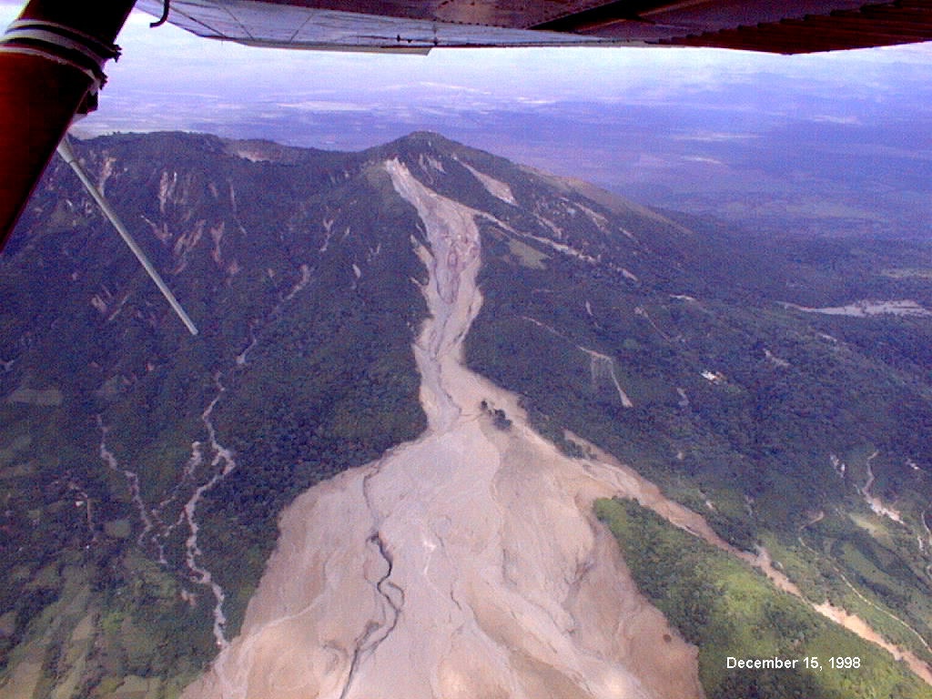 Landslide on the south flank of the Casita Volcano in Honduras, caused by Hurricane Mitch.