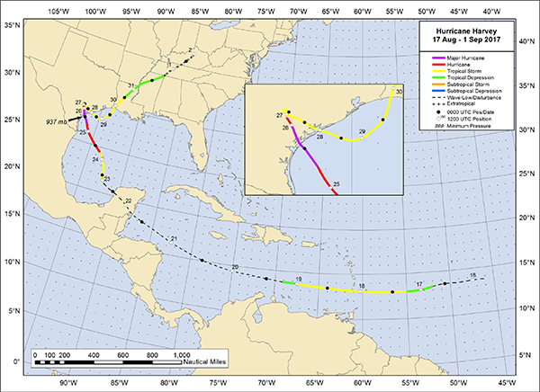 Best track portions for Hurricane Harvey from August 26 to September 1, 2017. Map from the National Hurricane Center.