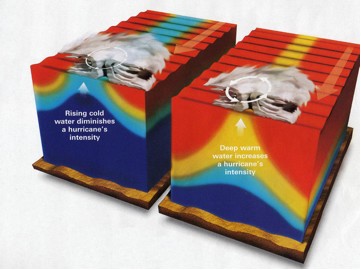 Three-dimensional cartoon of the temperature distribution in the upper ocean and the impact of a hurricane passing over the ocean when the oceanic mixed layer is thin like in the Gulf of Mexico and thick like the Caribbean Sea.