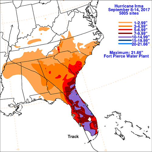 Map showing rainfall over the Southeastern US from Irma.