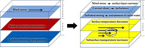 Vertical mixing in the upper ocean.