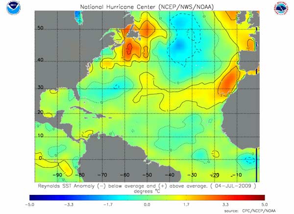 Sea surface temperature anomaly map for the North Atlantic.
