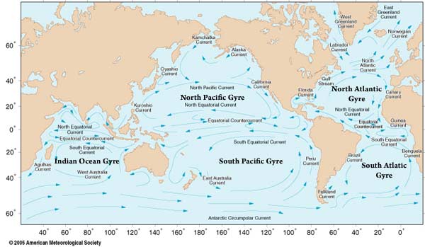 Map of the world with ocean surface currents.