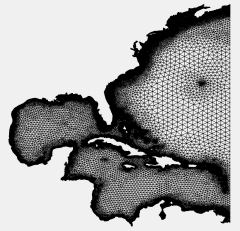 Image of of ADCIRC mesh showing that it is continuous along US East and Gulf coasts.