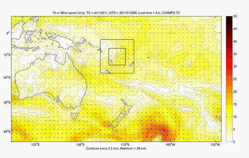 Map of Australia and South Pacific Ocean showing the model output for Cyclone Yasi.