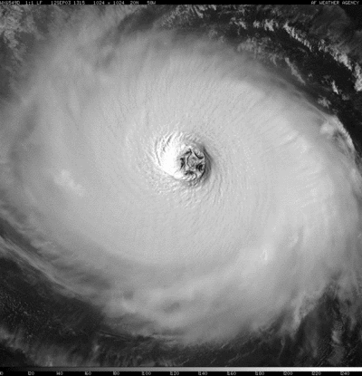 Defense Meteorological Satellite Program (DMSP) image of Hurricane Isabel at 1315 UTC 12 Sep 2003. The ``starfish' pattern in the eye is caused by the presence of six mesovortices - one near the eye center and five surrounding it.