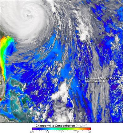 After Hurricane Isabel tracked across the western Atlantic in September of 2003, satellites measured an apparent increase in chlorophyll concentration in the surface waters of the ocean.